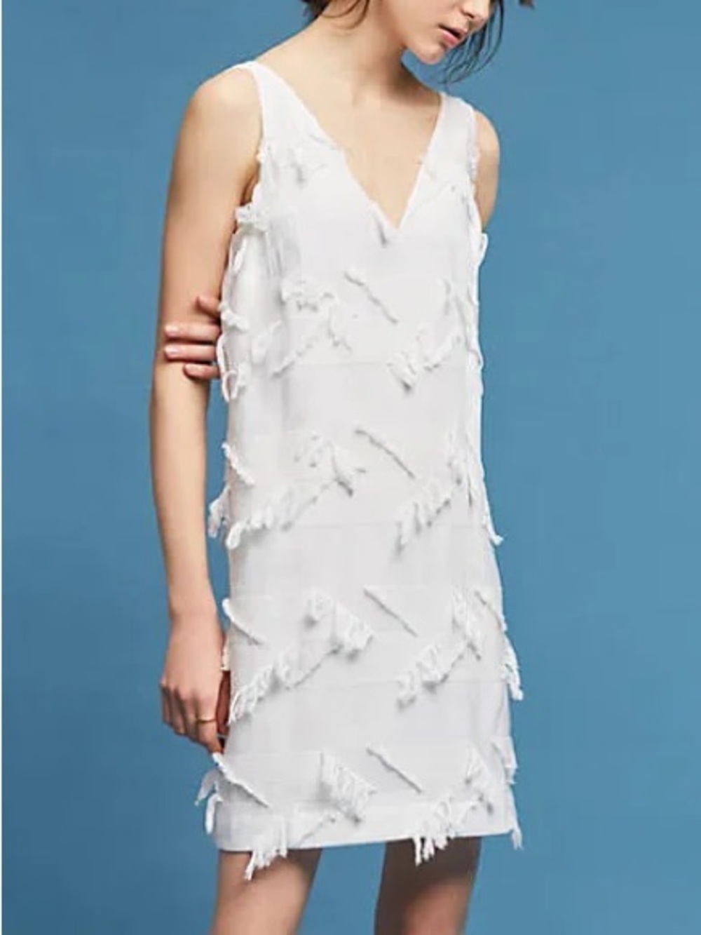 Maeve by Anthropologie White V-Neck Fringed Shift Dress